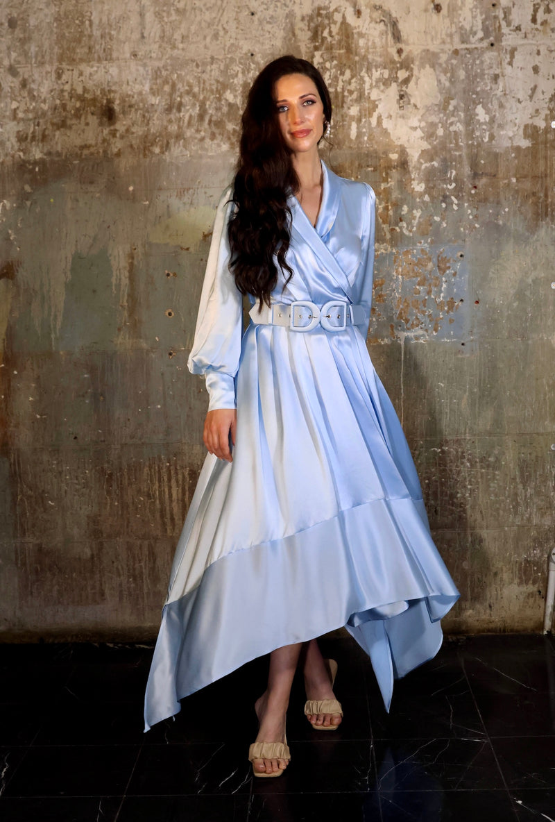 Sky blue wrap dress deals